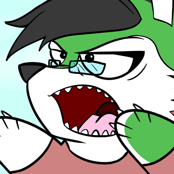 The profile picture of Simon, the Malamute-Husky mix. The top of his face is a rich green, while the bottom half is a very pale cream. He has a sweeping bang of black hair. His mouth is open like he is yelling, and his eyes are furrowed as if a bit angry.