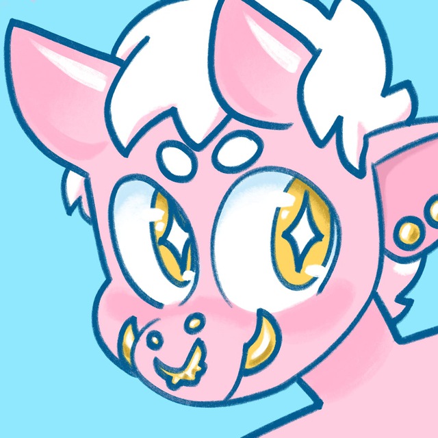 The profile picture of Ripley, the demon. A picture of a light pink demon's friendly face. They have big golden eyes, a goat-like nose, two shiny horns coming from their forehead, and shiny gold tusks that come up from their bottom lip like a boar. They have short white hair and shiny gold piercings.